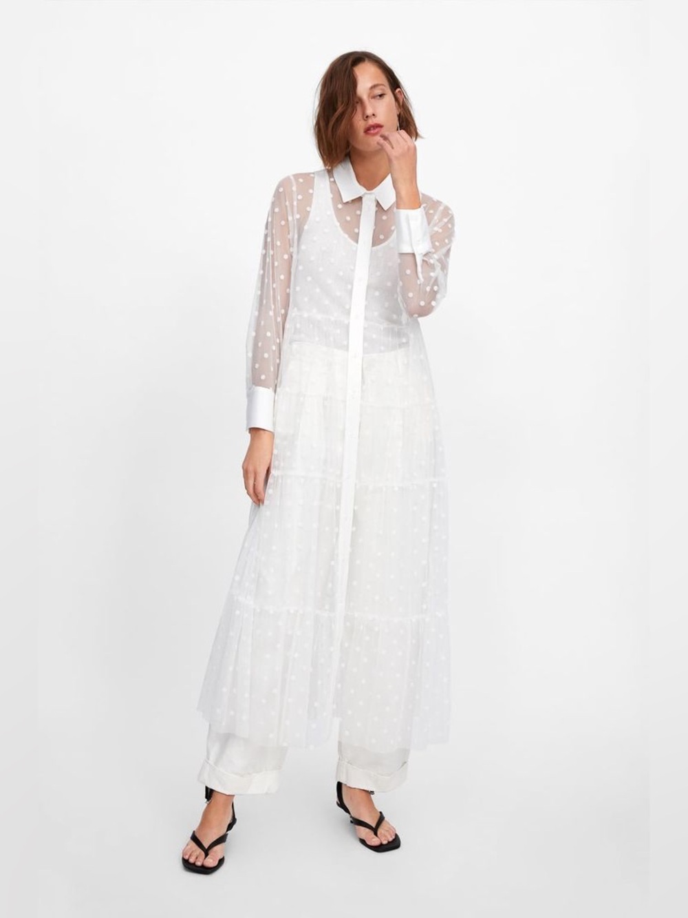 Zara Sheer White Polka Dot Button-Down Maxi Dress xs